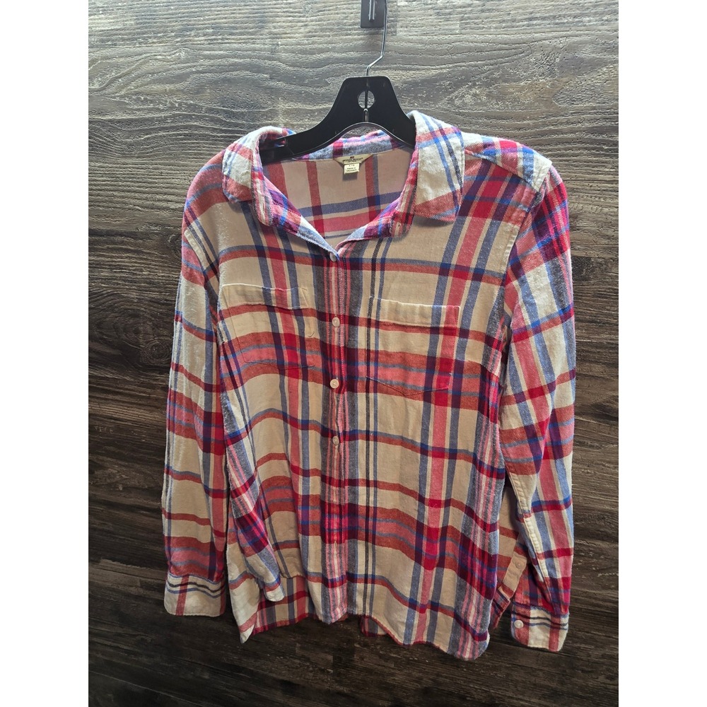 Woolrich Womens Large Red Blue Plaid Flannel Button Down Longā Sleeve Shirt L